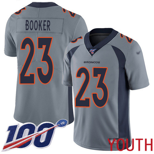 Youth Denver Broncos #23 Devontae Booker Limited Silver Inverted Legend 100th Season Football NFL Jersey->youth nfl jersey->Youth Jersey